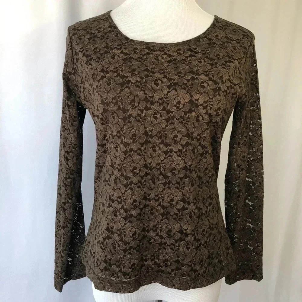 Coldwater Creek Lace Top Brown Small Long Sleeve Scoop Neck
